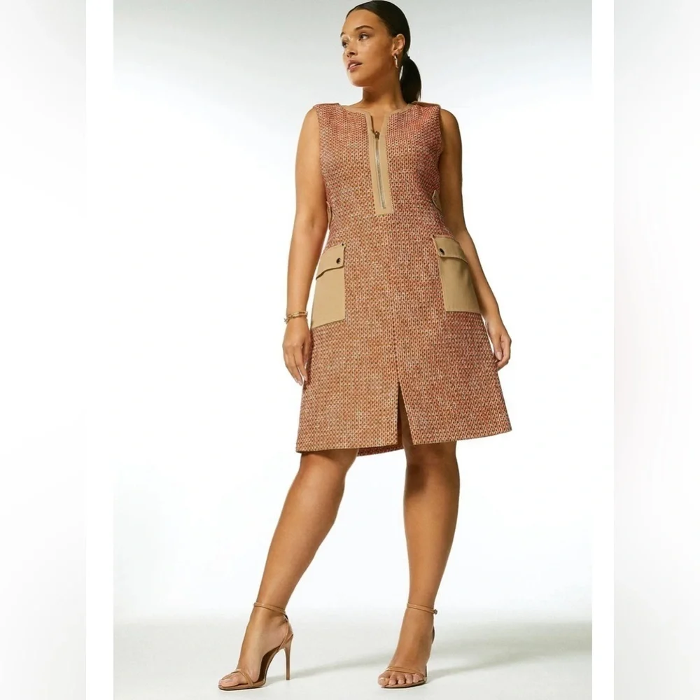NWT Karen Millen Tweed And Contrast Pocket A Line Mini Dress Tan and Orange 10 - Picture 2 of 13